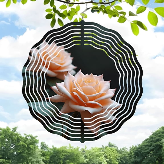 Elegant Metal Hanging Wind Spinner with Concentric White Lines Design - Perfect for Yard and Garden Decor Captivating Sound Waves Effect