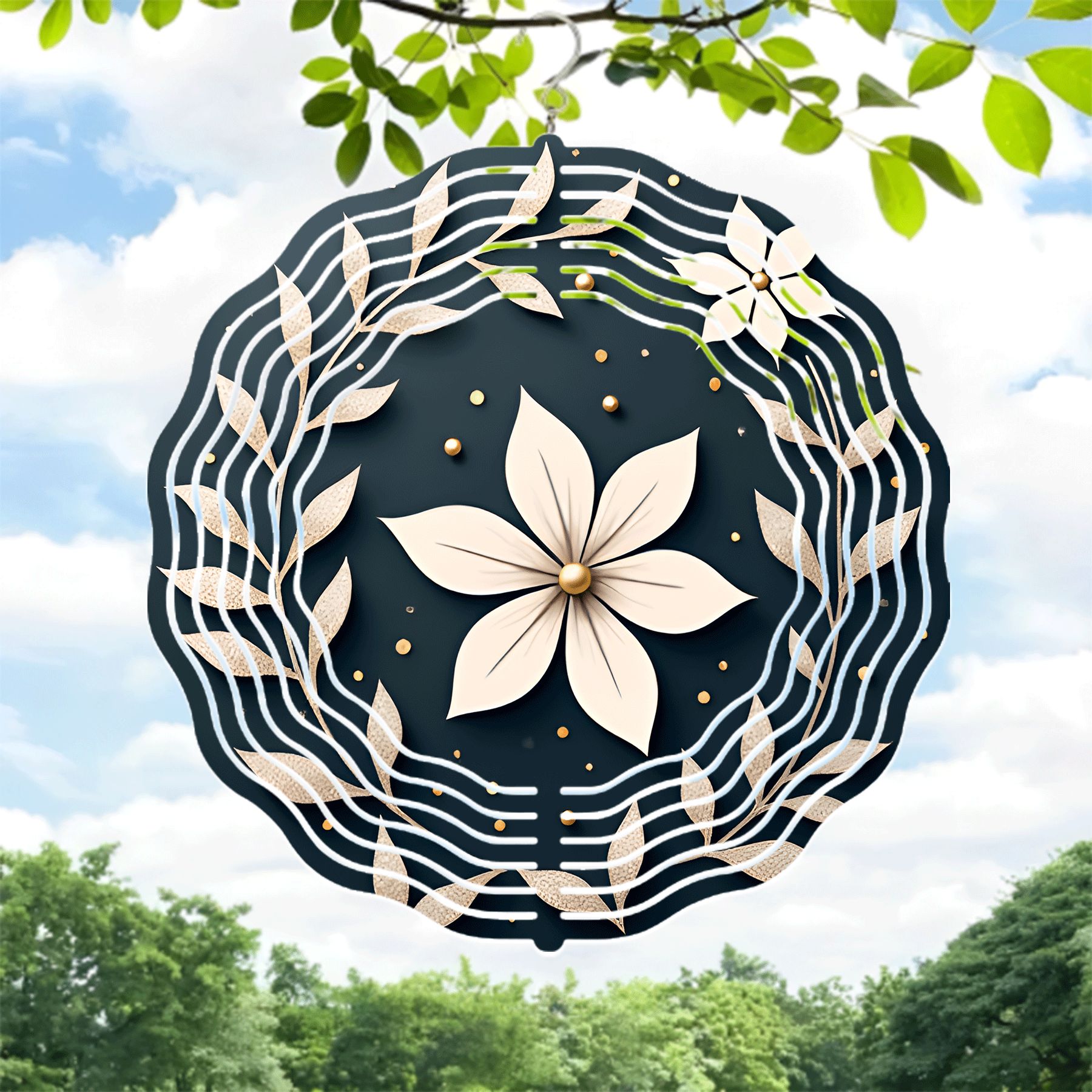 Elegant Metal Hanging Wind Spinner with Floral Design Golden Accents ...
