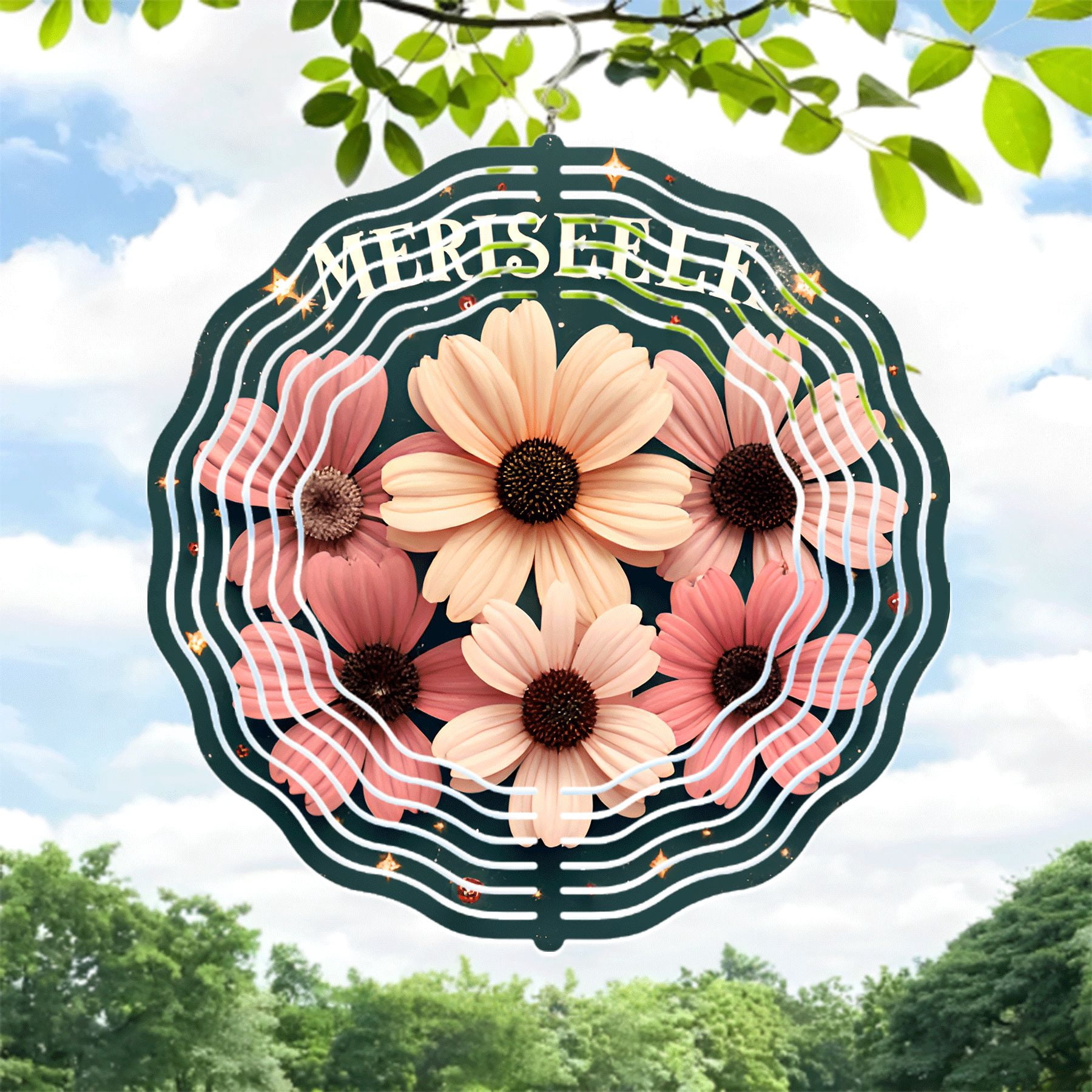 Elegant Metal Hanging Wind Spinner with Floral Design - Soft Pink and ...