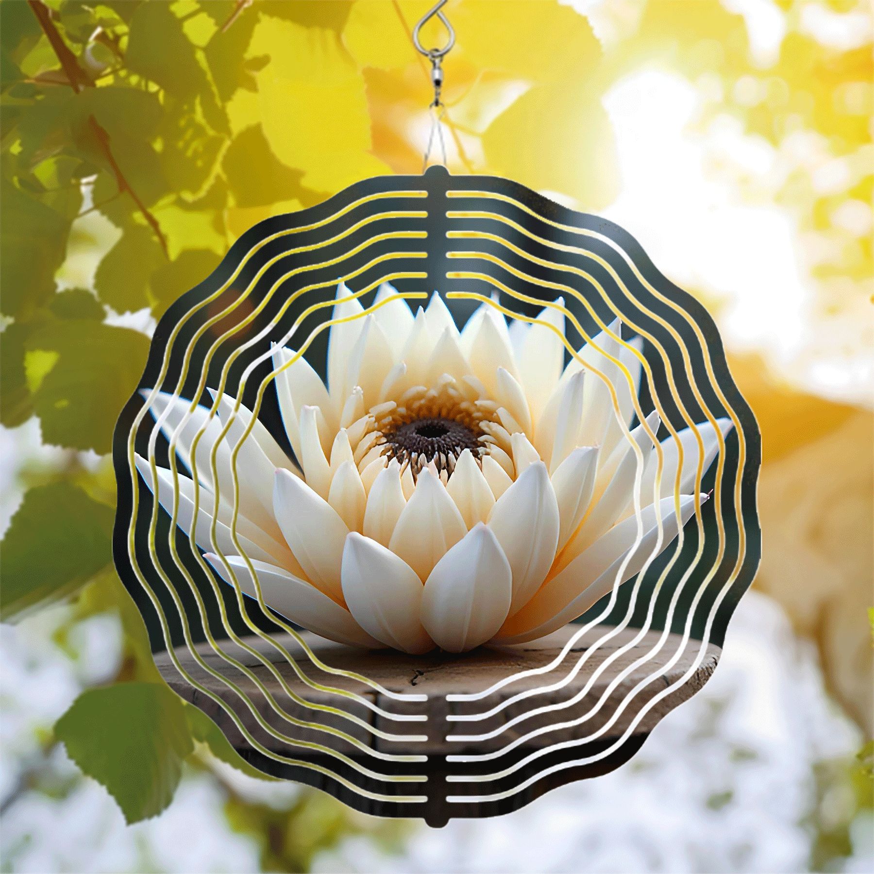 Elegant Metal Hanging Wind Spinner with Flower Design and Concentric ...