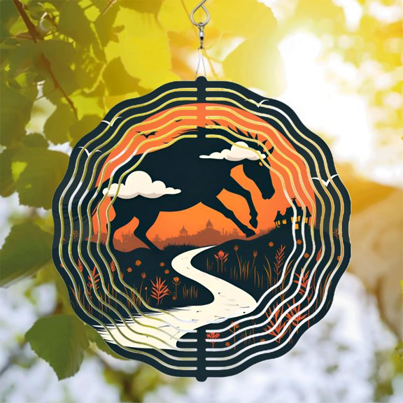 Elegant Metal Hanging Wind Spinner with Galloping Horse Design - Perfect for Yard and Garden Decor Captivating Sunset Silhouette