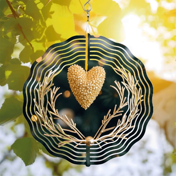 Elegant Metal Hanging Wind Spinner with Golden Heart Center Intricate Wreath Design and Concentric Wave Patterns - Perfect for Yard & Garden