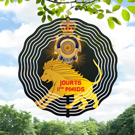 Elegant Metal Hanging Wind Spinner with Golden Lion Design Crown Badge and Dynamic Concentric Lines - Perfect for Yard and Garden Decor