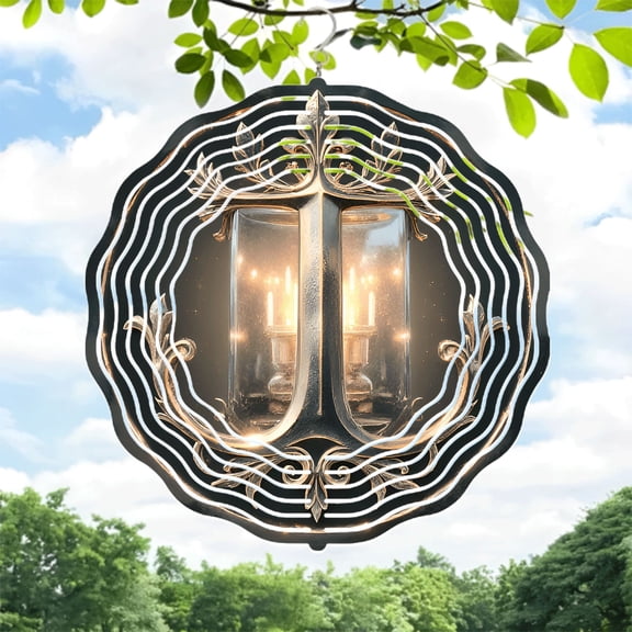 Elegant Metal Hanging Wind Spinner with Ornate Wave Patterns & Flickering Candle Design - Perfect for Yard & Garden Decor
