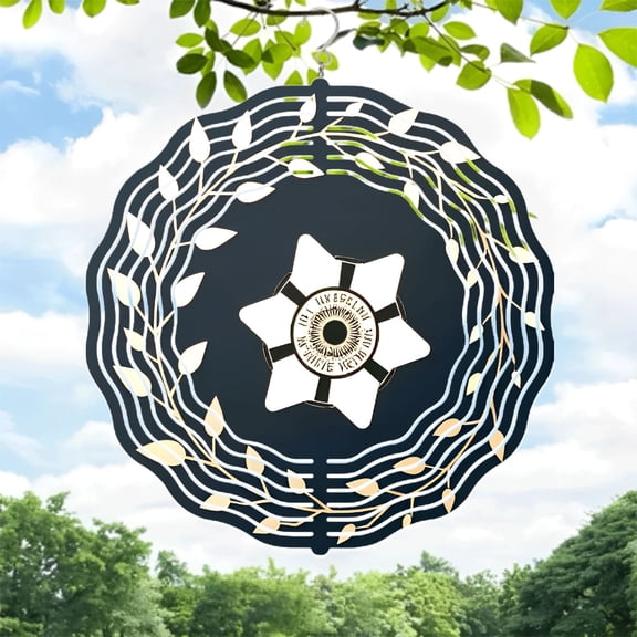 Elegant Metal Hanging Wind Spinner with Star Emblem and Decorative Leaf Wreath - Perfect for Yard and Garden Decor