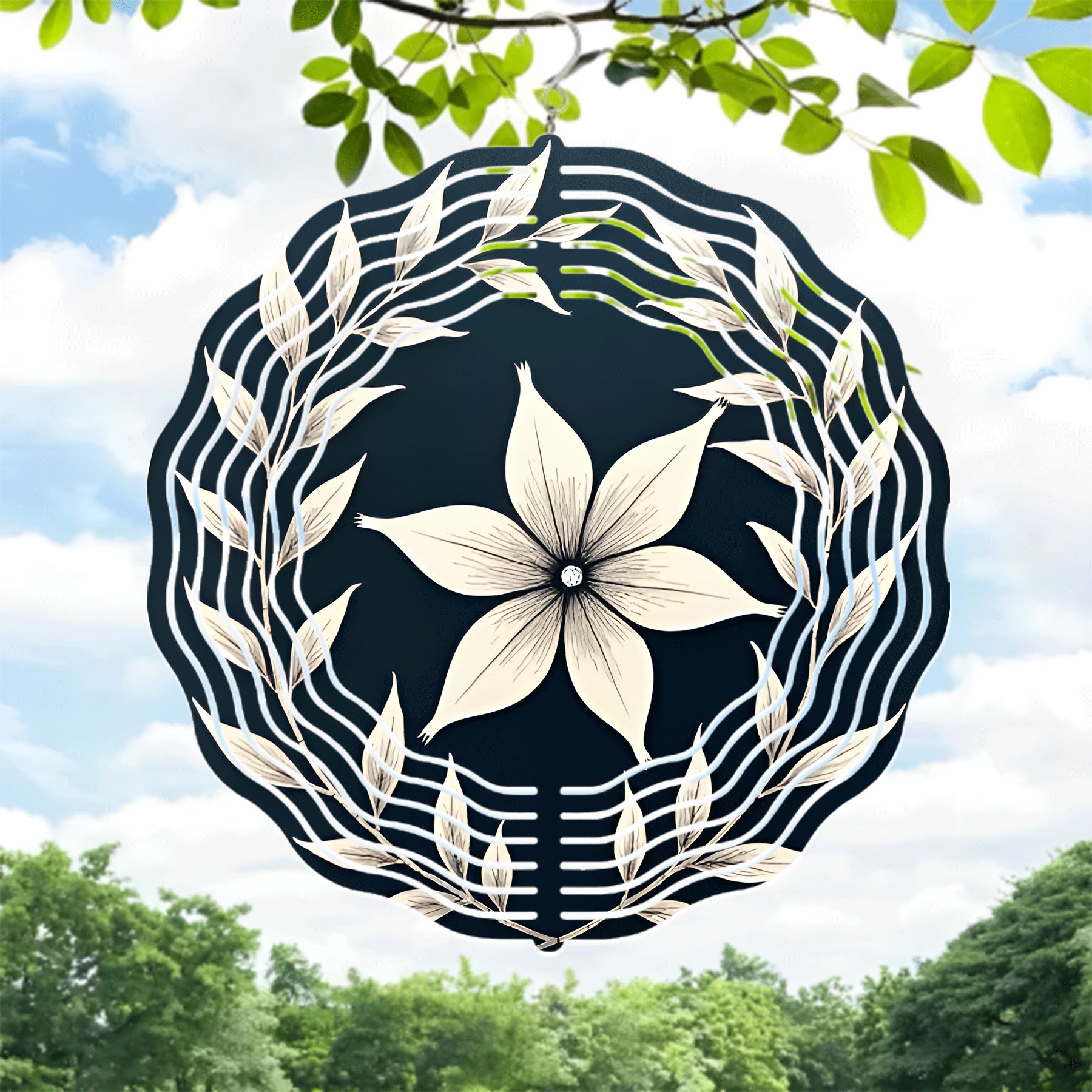 Elegant Metal Hanging Wind Spinner with Stylized Flower and Leaf Wreath ...