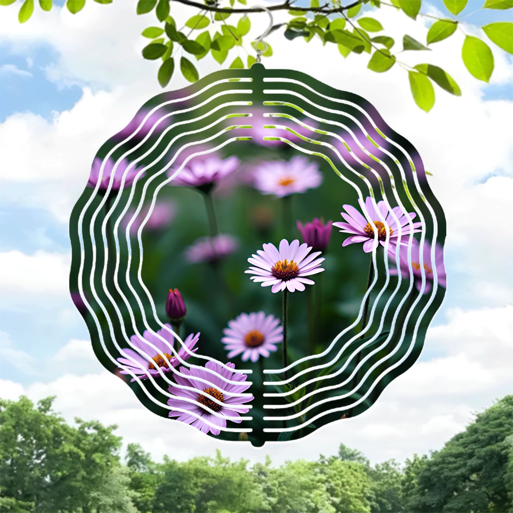 Elegant Metal Hanging Wind Spinner with Wave - Like Pattern and Floral ...