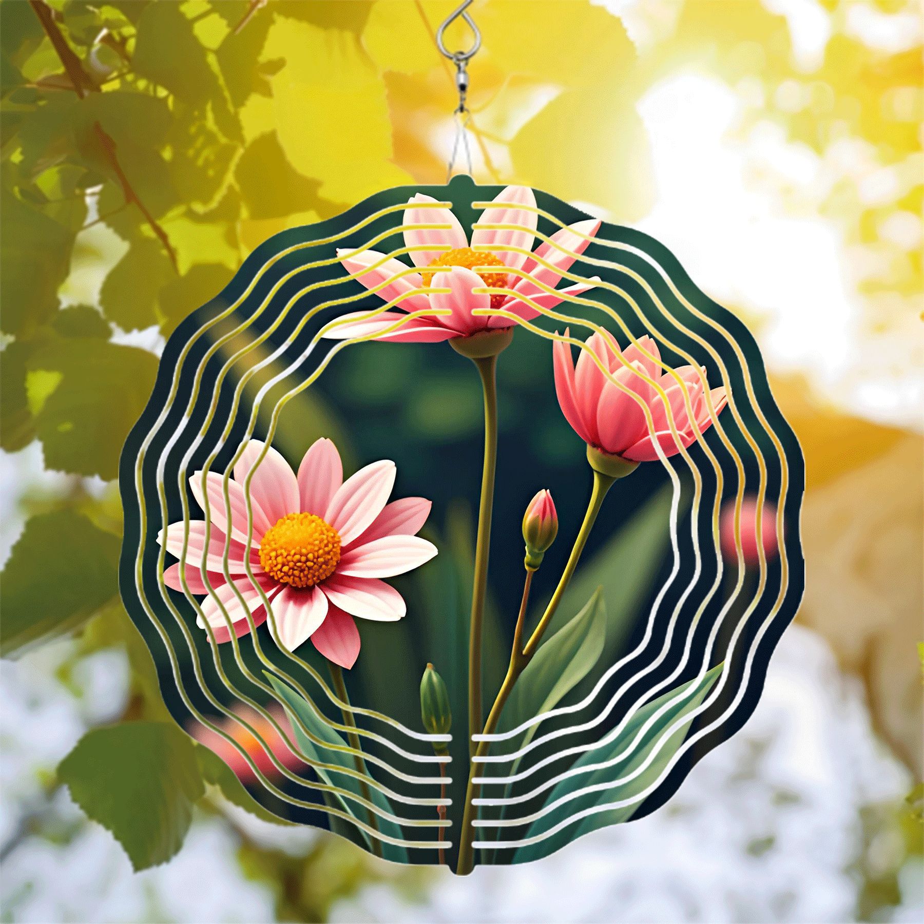 Elegant Metal Hanging Wind Spinner with Wave - Like Pattern and Floral ...