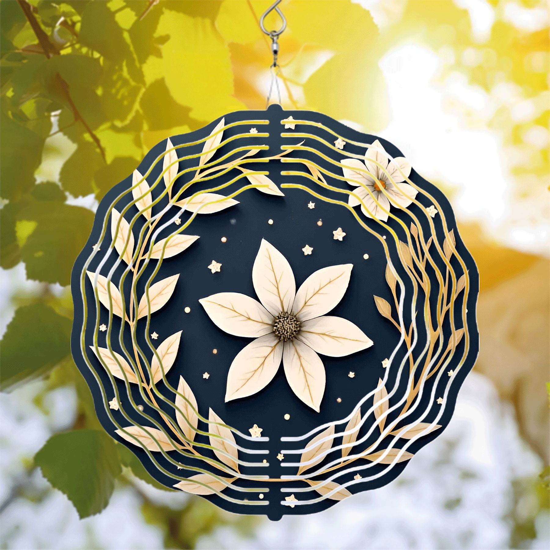 Elegant Metal Hanging Wind Spinner with White Flower Design Golden ...