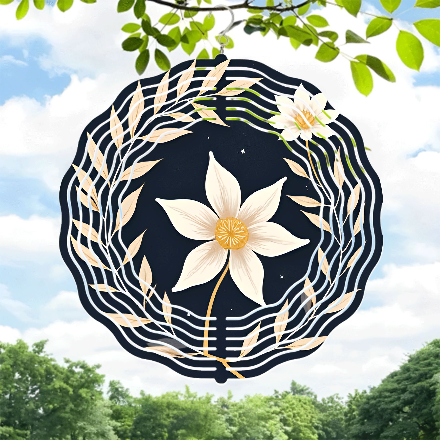 Elegant Metal Hanging Wind Spinner with White Flower Design and Yellow ...