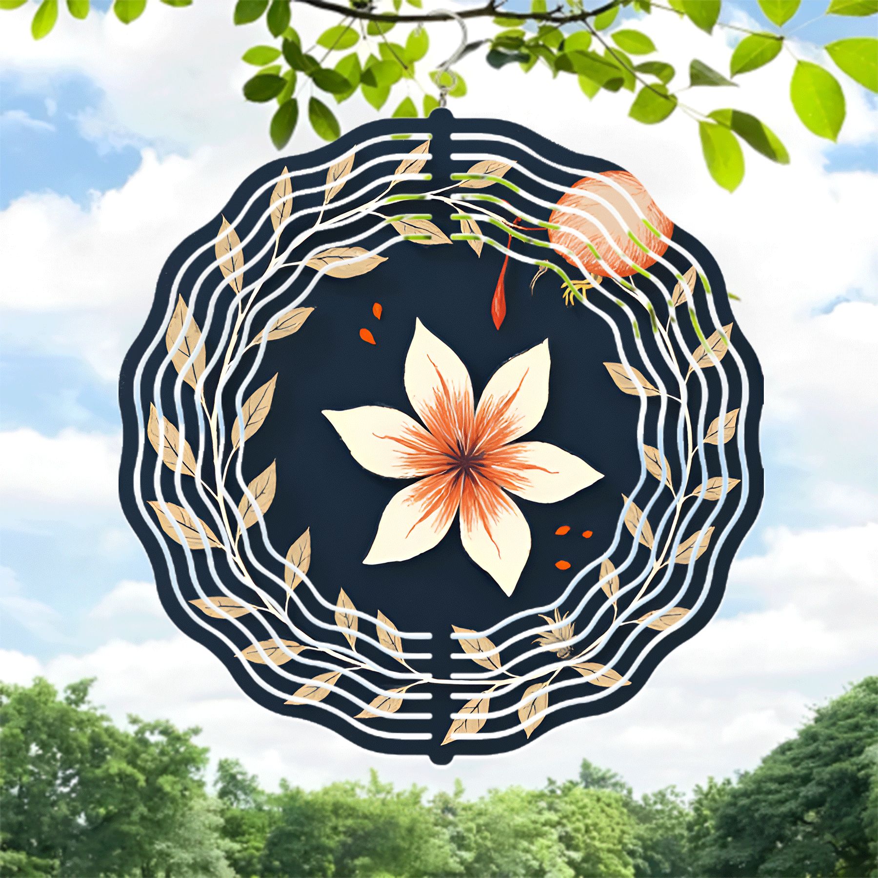 Elegant Metal Hanging Wind Spinner with White Flower & Orange Accents ...