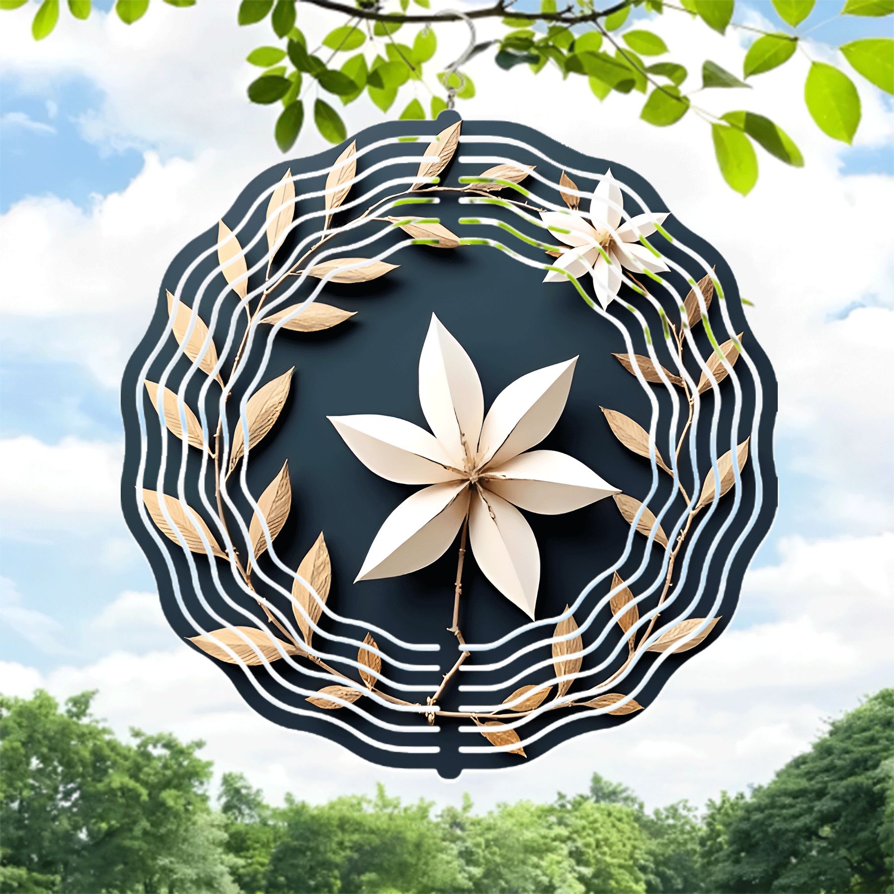 Elegant Metal Hanging Wind Spinner with White Flower and Golden Wreath ...