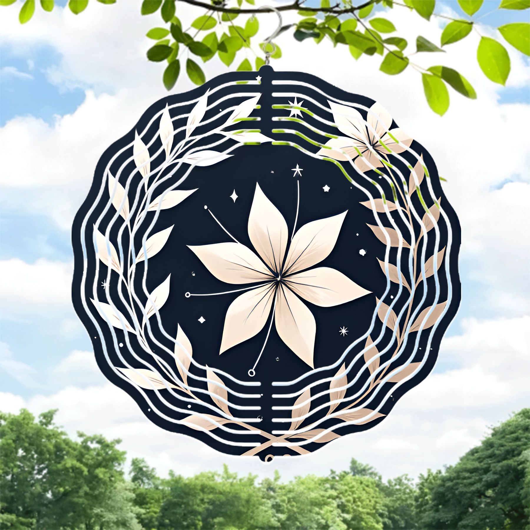 Elegant Metal Hanging Wind Spinner with White Flower and Leaf Wreath ...