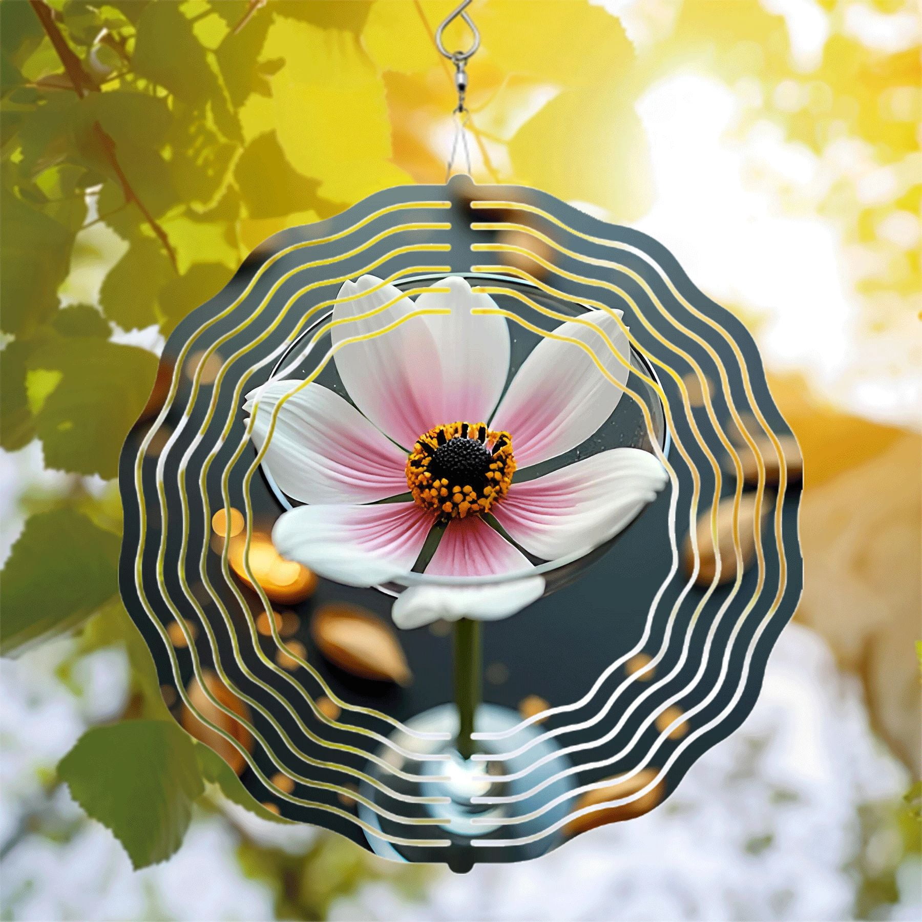 Elegant Metal Hanging Wind Spinner with White Petals & Vibrant Yellow ...
