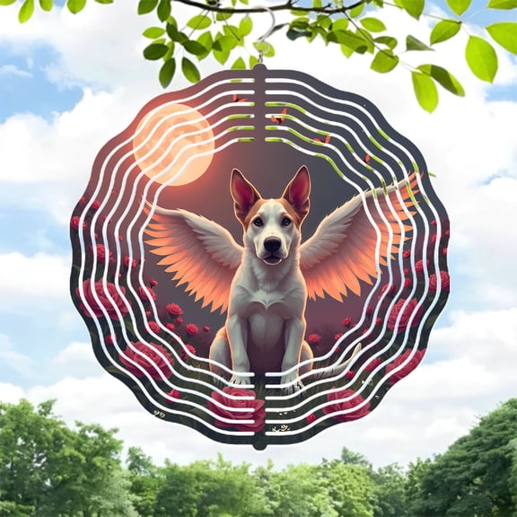 Elegant Metal Hanging Wind Spinners & Chimes - Angelic Dog Design with Vibrant Roses & Glowing Moon - Perfect for Yard & Garden Decor