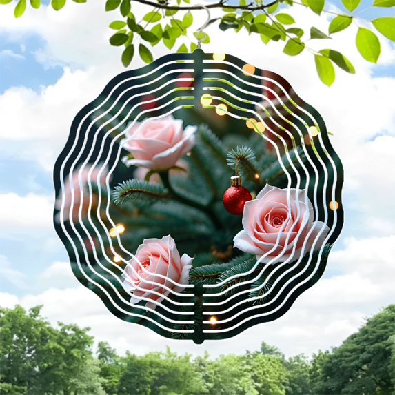 Elegant Metal Hanging Wind Spinners & Chimes - Beautiful Floral Design with Pink Roses & Red Ornament for Yard & Garden Decor