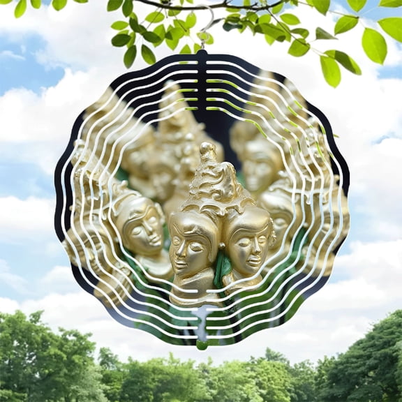Elegant Metal Hanging Wind Spinners & Chimes - Circular Wave Design with Intricate Golden Statues for Yard & Garden Decor