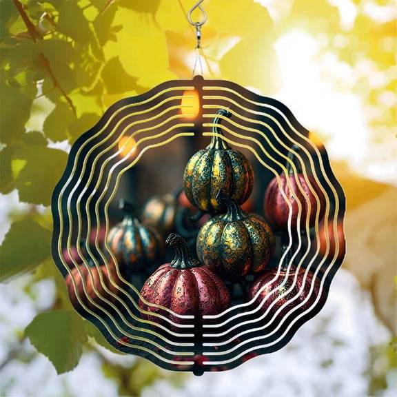 Elegant Metal Hanging Wind Spinners & Chimes - Intricate Autumn Pumpkin Design for Yard & Garden Decor Warm Gold & Red Accents