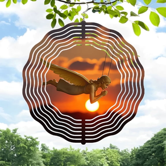 Elegant Metal Hanging Wind Spinners & Chimes - Serene Angelic Wings Design for Tranquil Yard & Garden Decor Vibrant Sunset Colors
