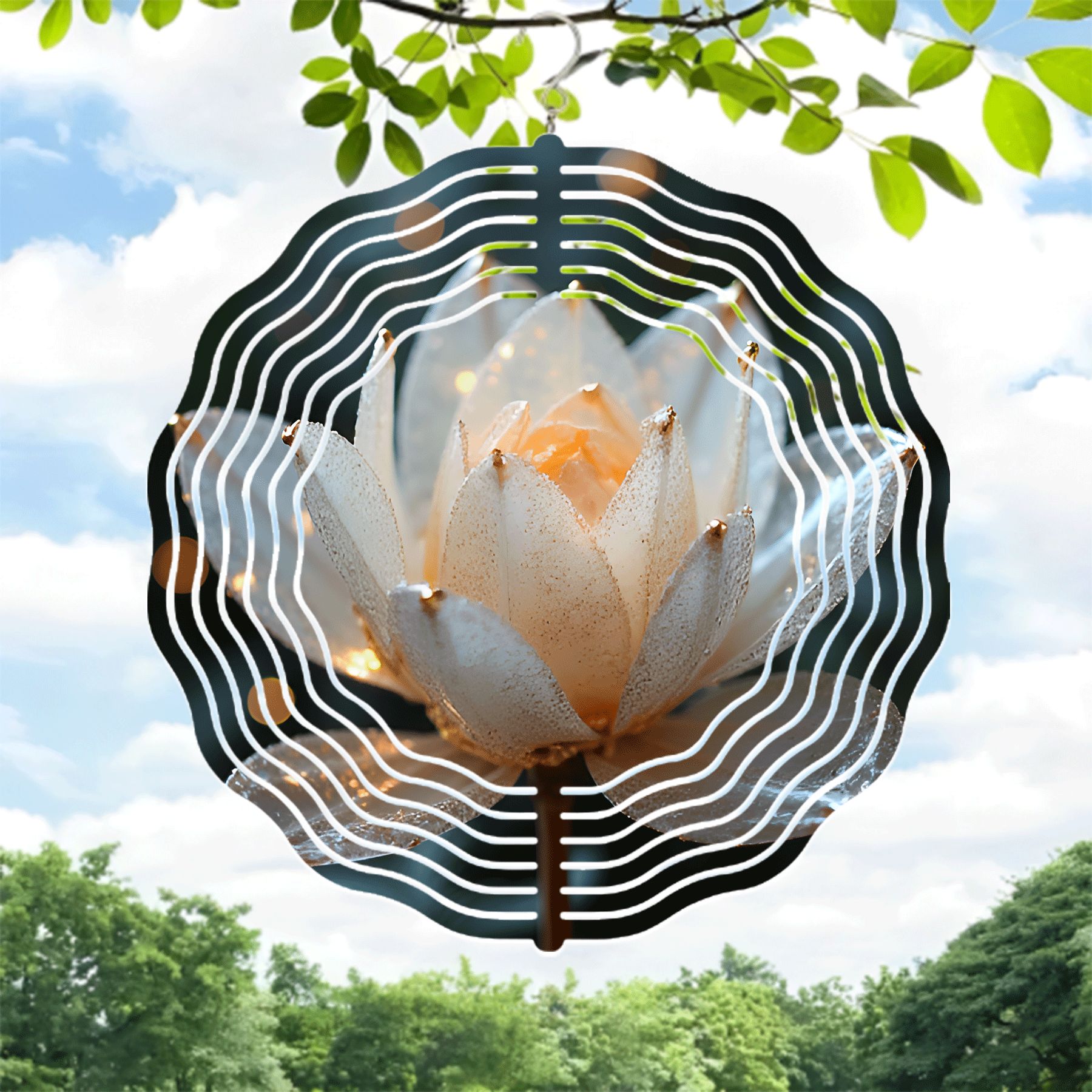 Elegant Metal Hanging Wind Spinners & Chimes - White Design with Golden ...