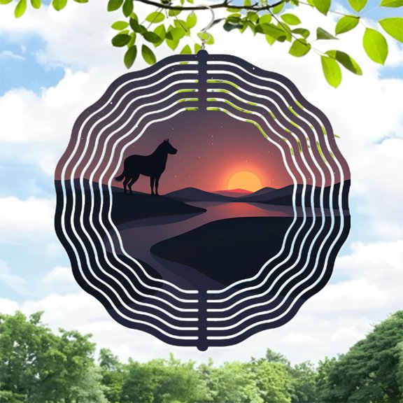 Elegant Metal Hanging Wind Spinners & Chimes for Yard & Garden - Beautiful Horse Silhouette Design with Sunset & Starry Sky Pattern