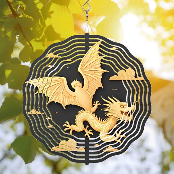 Elegant Metal Hanging Wind Spinners - Golden Dragon Design with Intricate Scales Perfect for Yard and Garden Decor