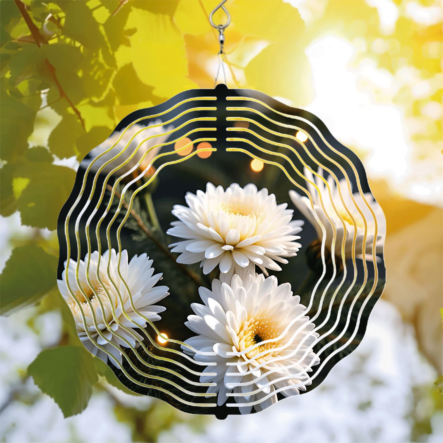 Elegant Metal Hanging Wind Spinners with Abstract White Flower Design ...