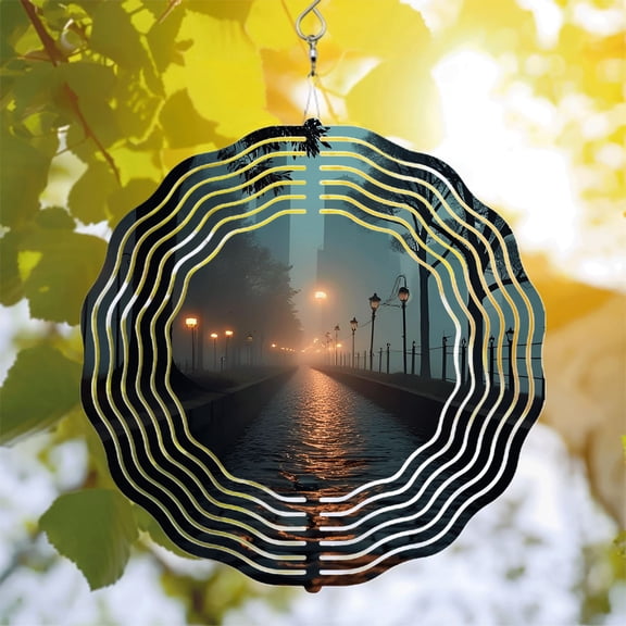 Elegant Metal Hanging Wind Spinners with Concentric Wave Design - Perfect for Yard and Garden Decor Captivating Dusk Dawn Atmosphere