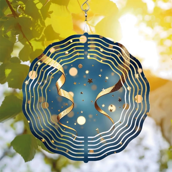 Elegant Metal Hanging Wind Spinners with Concentric White Lines & Golden Ribbons - Celestial Garden Decor for Yard & Patio