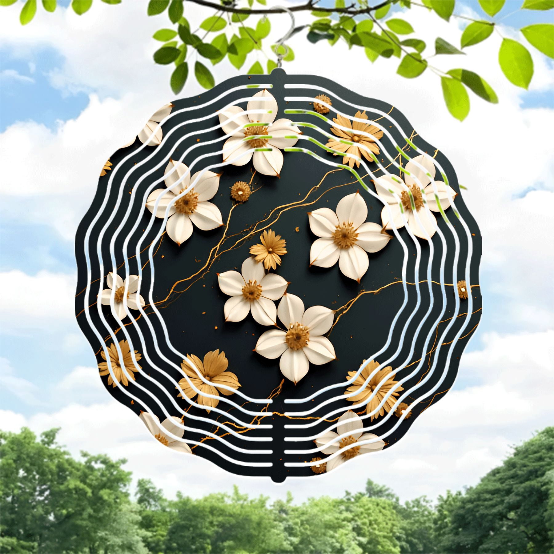 Elegant Metal Hanging Wind Spinners with Concentric White Lines and ...