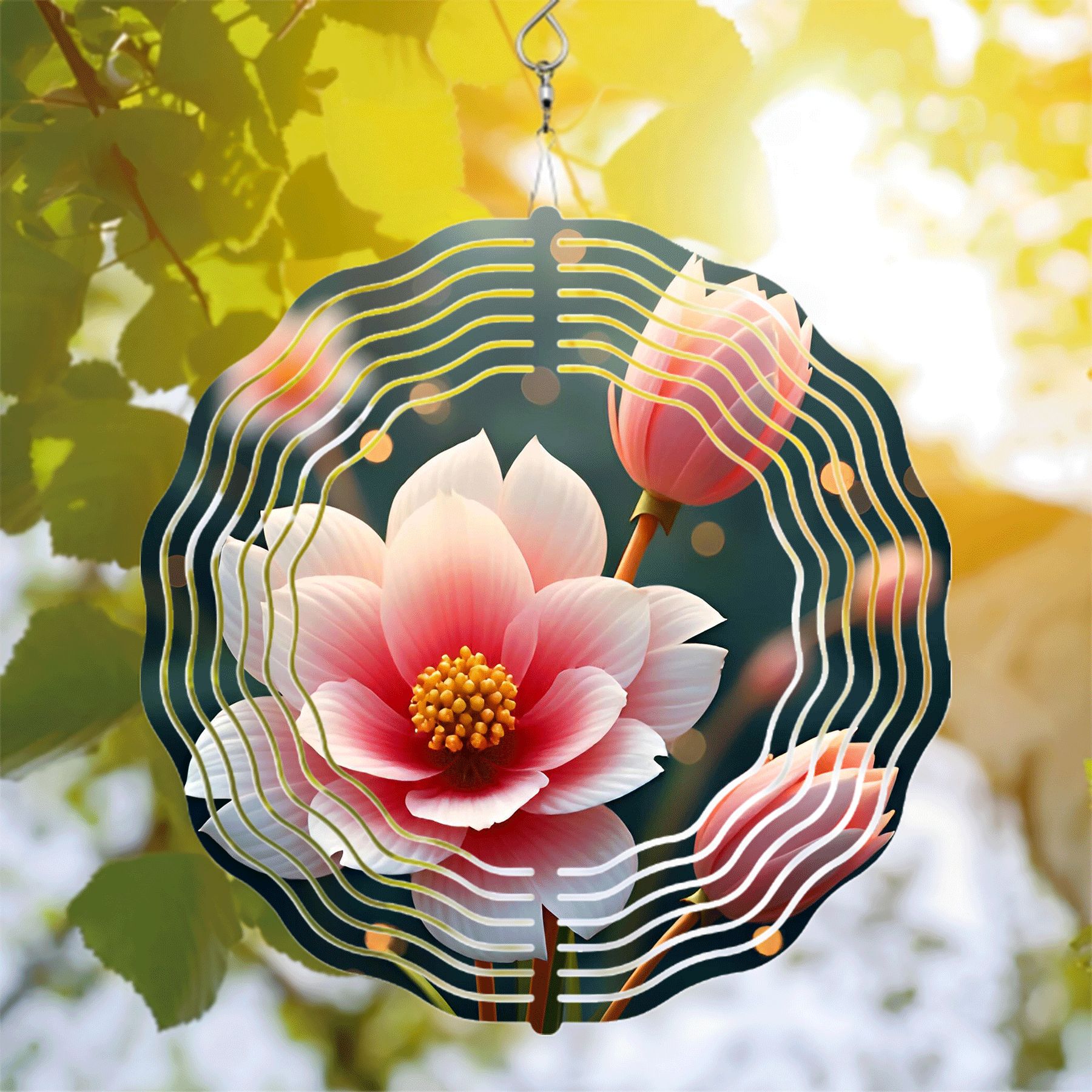 Elegant Metal Hanging Wind Spinners with Flower Design - Vibrant Pink ...