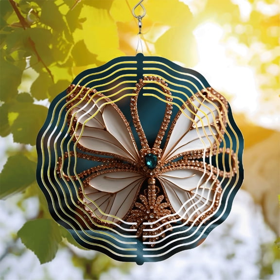 Elegant Metal Hanging Wind Spinners with Intricate Floral Patterns and Teal Gemstone Accents - Perfect for Yard and Garden Decor