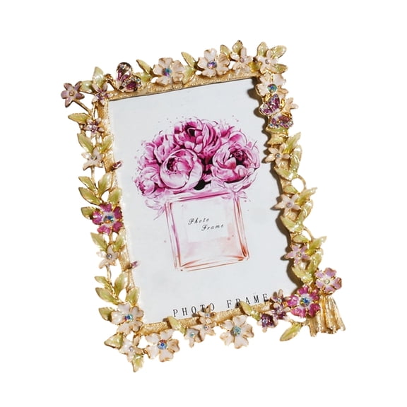 Elegant Metal Photo Frame With Colorful Enameled Floral Design For Home Decor Tabletop Display