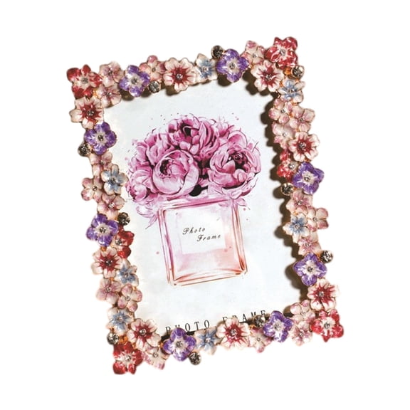 Elegant Metal Photo Frame With Colorful Enameled Floral Design For Home Decor Tabletop Display