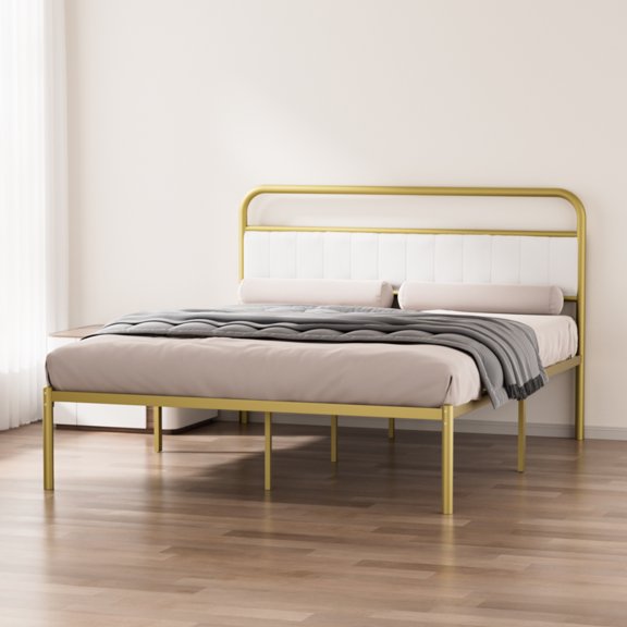 Elegant Metal Steel Platform Bed Frame With Upholstered Headboard (queen) - Beige & Gold Modern