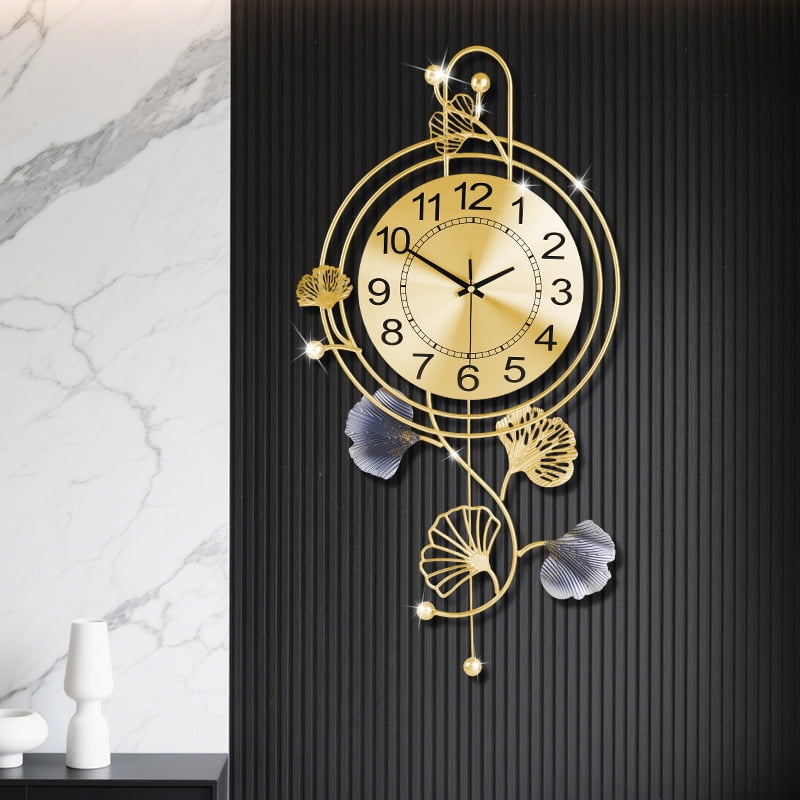 Elegant Metal Wall Clock with Pendulum and Gold and Gray Leaves, Modern Non-Walking Silent Metal Wall Clock