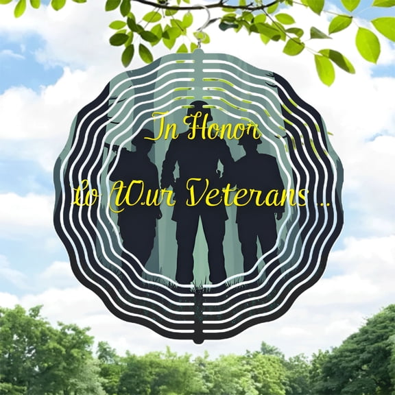 Elegant Metal Wind Spinner with Concentric Wave Design - Perfect for Yard and Garden Decor to Veterans 3 Silhouetted Figures