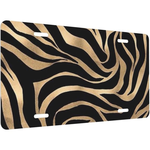 Elegant Metallic Gold Zebra Black Animal Print License Plate for Car or Truck, Aluminum Front License Plates with 4 Holes, 6×12 inch Decorative Novelty Metal Sign