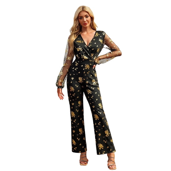 Elegant Metallic Long Sleeve V-Neck Bodycon Jumpsuit with Lace & Sequin Details – Formal Evening Party Pantsuit