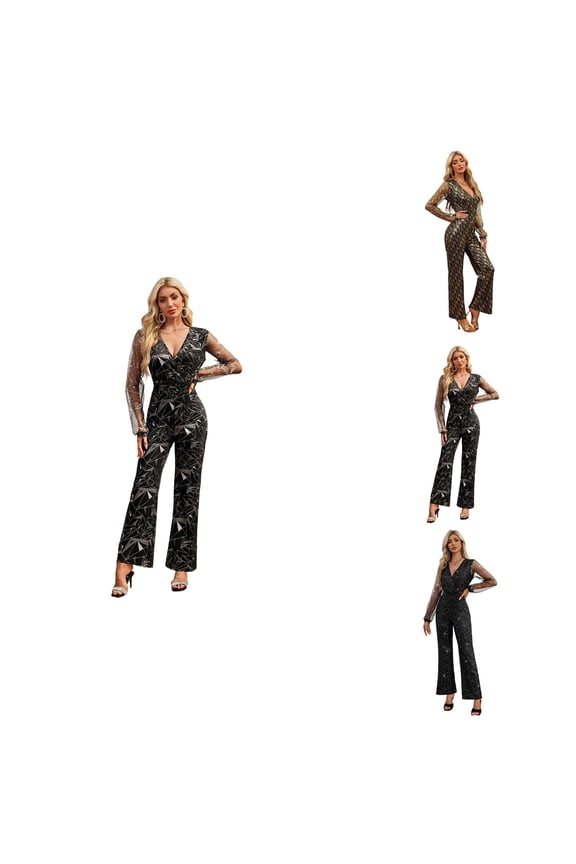 Elegant Metallic Long Sleeve V-Neck Bodycon Jumpsuit with Lace & Sequin Details – Formal Evening Party Pantsuit