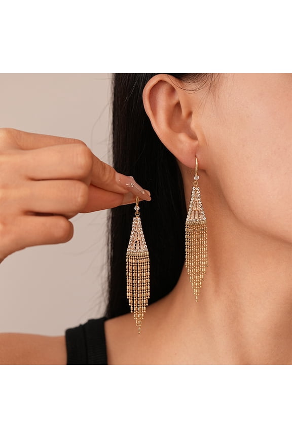 Elegant Metallic Zircon Inlaid Triangle Tassel Hook Earrings European and American Fashion Light Luxury Temperament High-end Earrings for Women