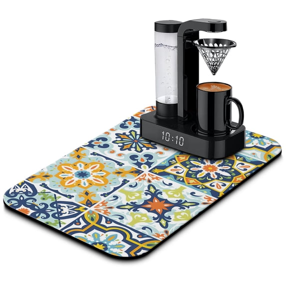 Elegant Mexican Design Coffee Drying Mat Highly Absorbent Diatom Mud Pad Coffee Mat Kitchen Counter Gadget for Easy Cleaning, Large 19.5x12in, Multi Use