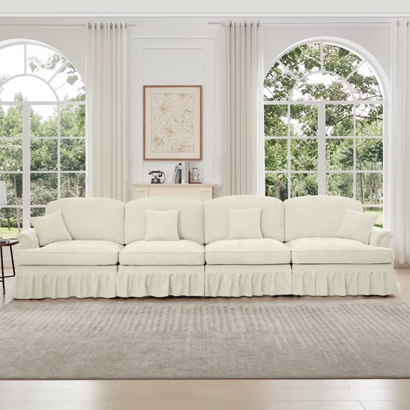 Elegant Mid Century 4 Seater Sofa with Removable Ruffled Skirts and Flared Arms, Comfortable Chenille Fabric Sectional Couch for Living Room with Ottoman, Beige White