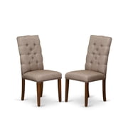 Elegant Mid-Century Dining Chairs | Button Tufted High Back | Asian Solid Wood | Brown Beige Linen Upholstery | Modern Design | Set of 2