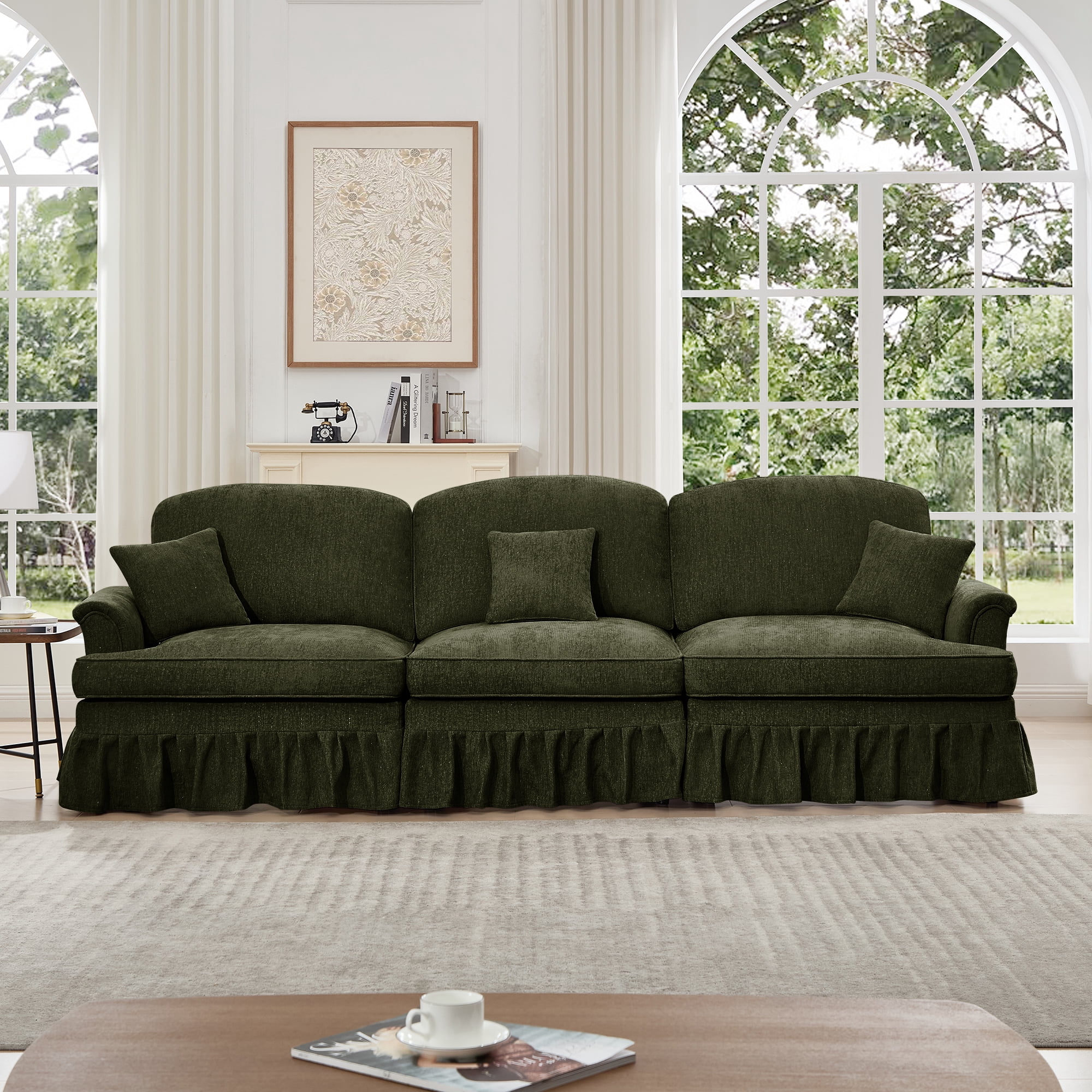 Elegant Mid Century Oversized Large Two Seater Sofa Couch with Flared Arms and Detachable Ruffles Pleats Skirts & Spindle Legs, Comfortable Chenille Two-Seat Love Seat for Living Room, Green