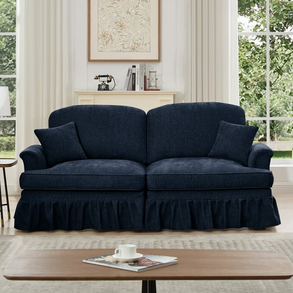 Elegant Mid Century Oversized Large Two Seater Sofa Couch with Flared Arms and Removable Ruffles Pleats Skirts and Spindle Legs, Comfy Chenille Two-Seat Love Seat Sofa for Living Room,Blue