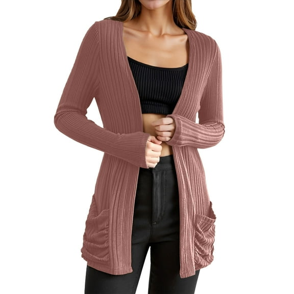 Elegant Mid Length Open Front Knit Cardigan Long Sleeve Womens Sweater Coat With Pockets For Fall Winter Casual Wear Women Casual Dress Sweater Long Sleeve Hoodie Womens Long Hooded Sweatshirt