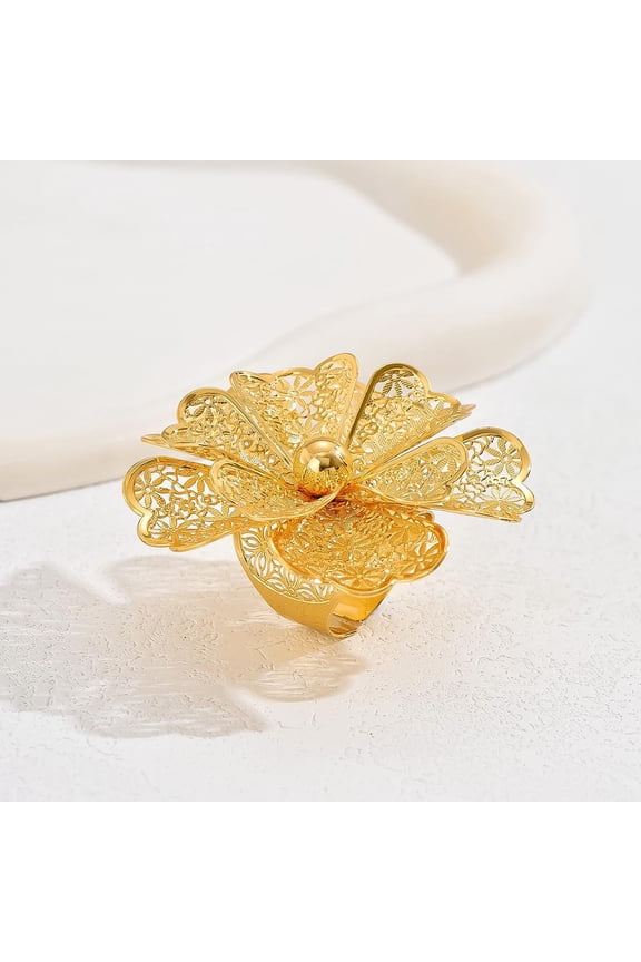 Elegant Middle Eastern Style Golden Flower Iron Adjustable Cuff Rings For Women Party Pom Wedding PartyEngagementSpecial Occasions Golden