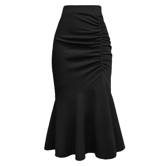 Elegant Midi Fishtail Skirts for Women Trendy High Waist Ruffle Hem Midi Pencil Skirt Below Knee for Work Business Casual