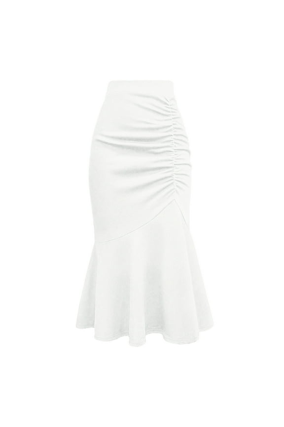 Elegant Midi Fishtail Skirts for Women Trendy High Waist Ruffle Hem Midi Pencil Skirt Below Knee for Work Business Casual